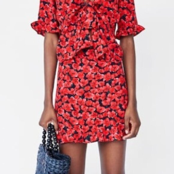 Zara Tops - ZARA Accessories Red Floral Matching Set – Top & Skirt – Size L NWT